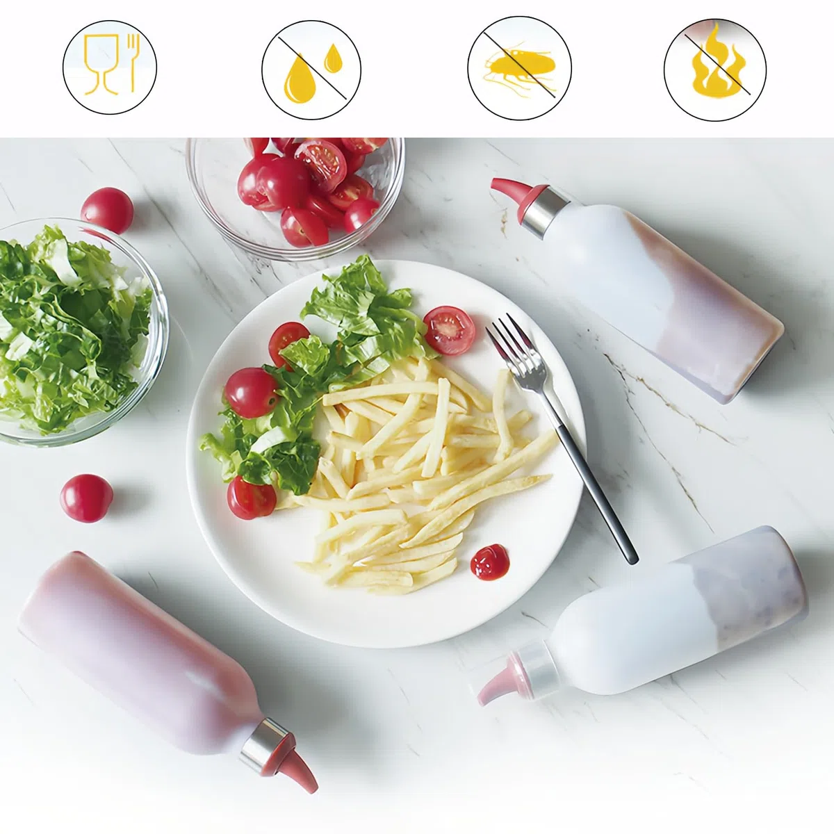 Botellas de Plástico Paquete de 4 Botellas Transparentes Dispensadores Rellenables para Ketchup Mostaza Vinagre Salsas Aceite Sin BPA KT30