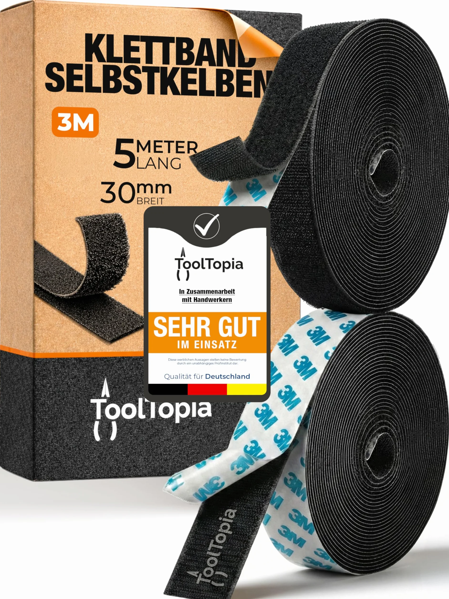 Cinta Adherente Autoadhesiva Extra Fuerte Exterior & Interior (Adhesivo 3M) 30mm x 5m Negra, Cinta de Gancho y Bucle Adhesiva para Bricolaje, Costura, Hogar, Manualidades - ToolTopia Calidad