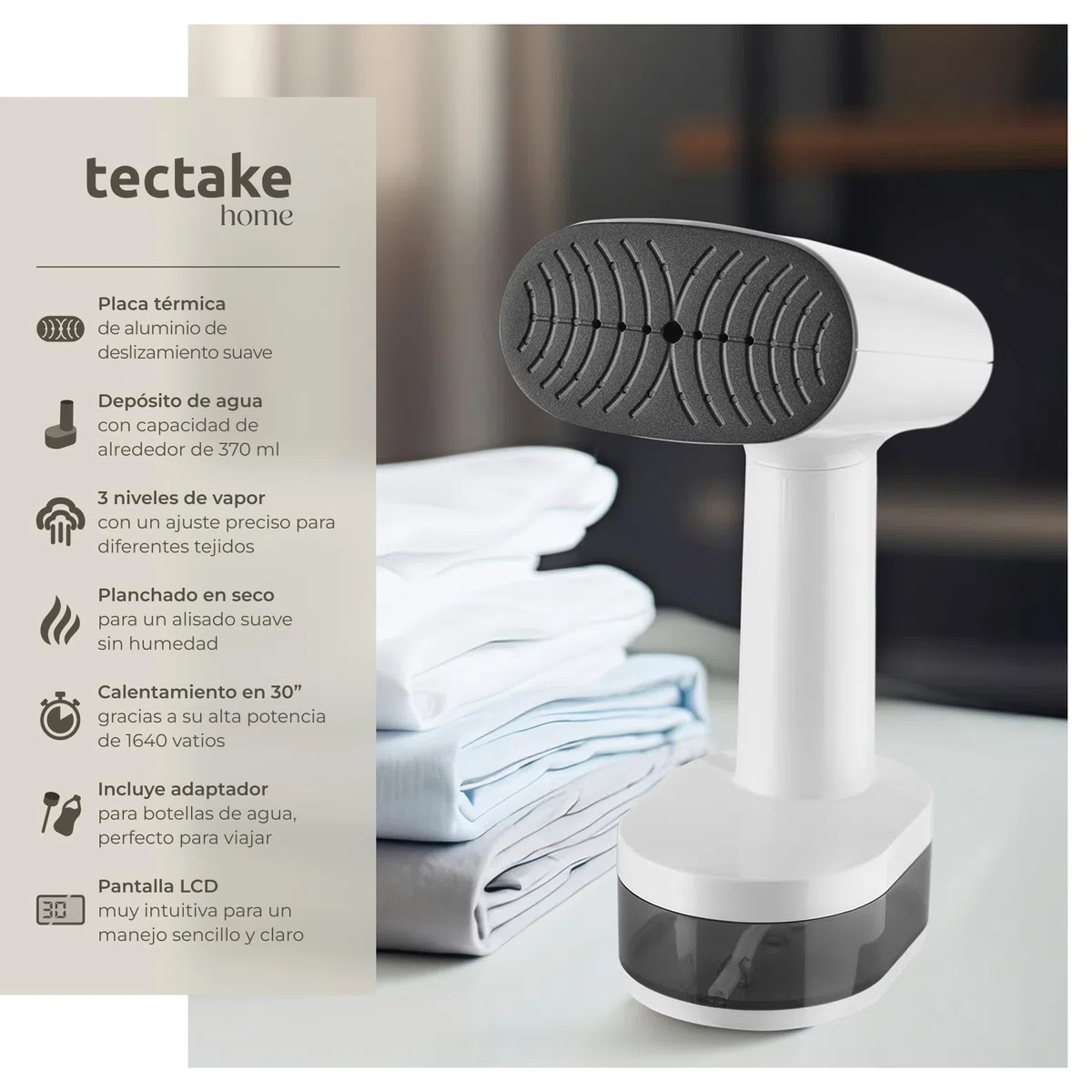 tectake® plancha vertical vapor, 1640W, 370ml depósito de agua, 3 modos de vapor, plancha de viaje, plancha vapor ropa, calentamiento en 30 segundos, plancha ropa vertical - Blanco