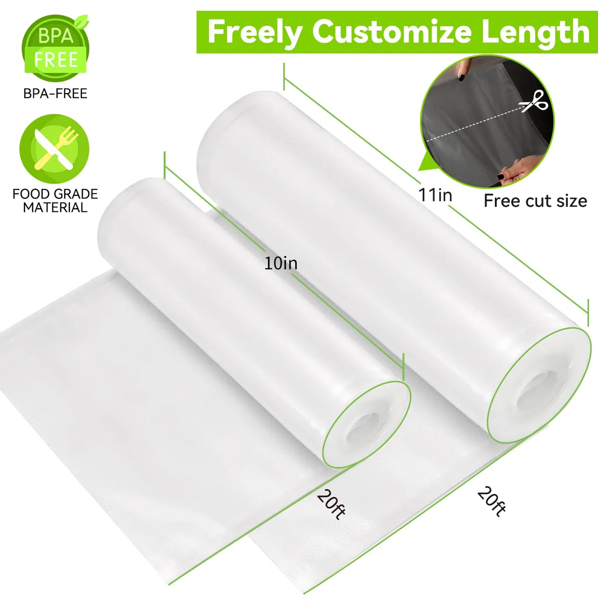 HytusCooking - Rollos selladores al vacío, paquete de 6, 3 rollos de 11 pulgadas x 20 pies y 3 rollos de 10 pulgadas x 20 pies, sin BPA, bolsas de almacenamiento de alimentos multicapa resistentes de