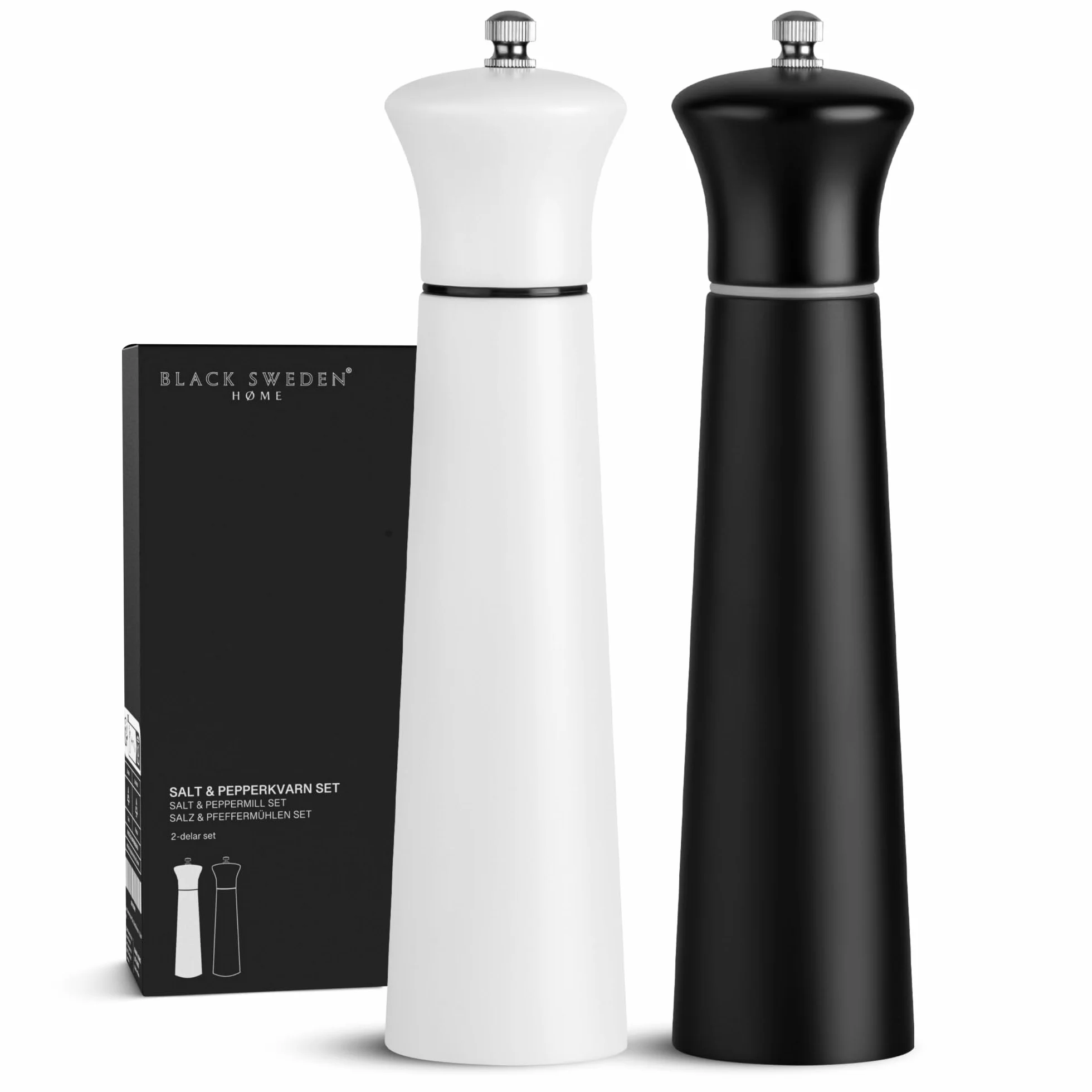 Black Sweden Home Sal y Pimienta Set – Saleros de Cocina – Molinillo Pimienta y Salero Negro y Blanco – Diseño Elegante Madera – Molinillo de Pimienta Cerámico – Grinder de Especias