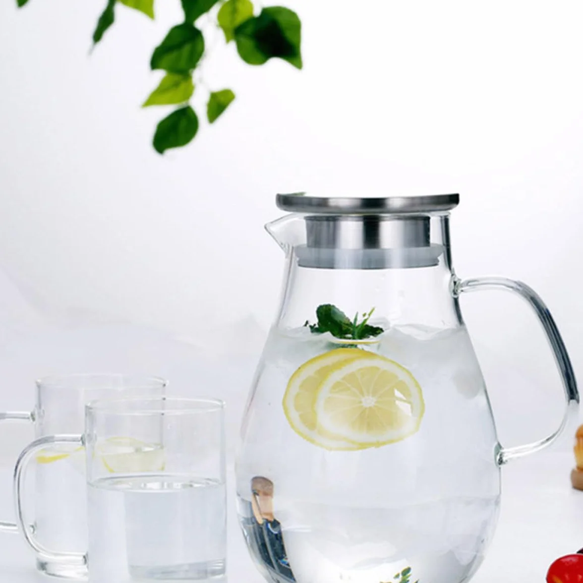 Jarra de Agua de Vidrio con Tapa de Acero Inoxidable, Capacidad Grande, Fácil de Limpiar y Previene Salpicaduras para Uso Doméstico