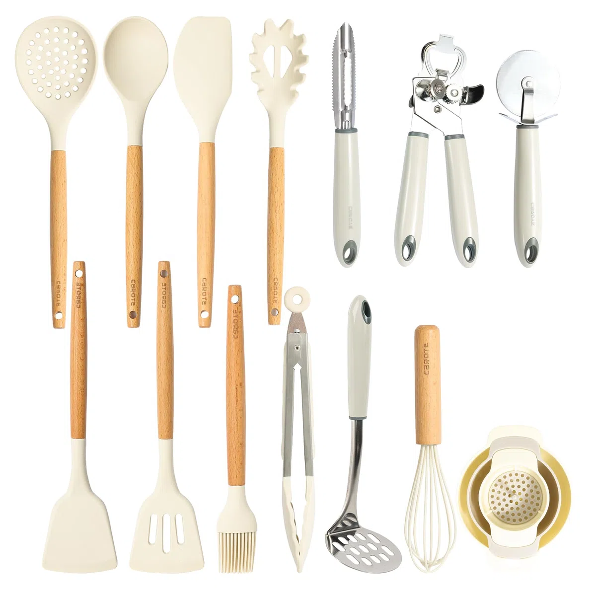 CAROTE Utensilios de Cocina de Silicona 16 Piezas, juego Utensilios de Cocina Resistencia al Calor y Antiadherente con Mango de Madera para Utensilios Accesorios Cocina, sin BPA