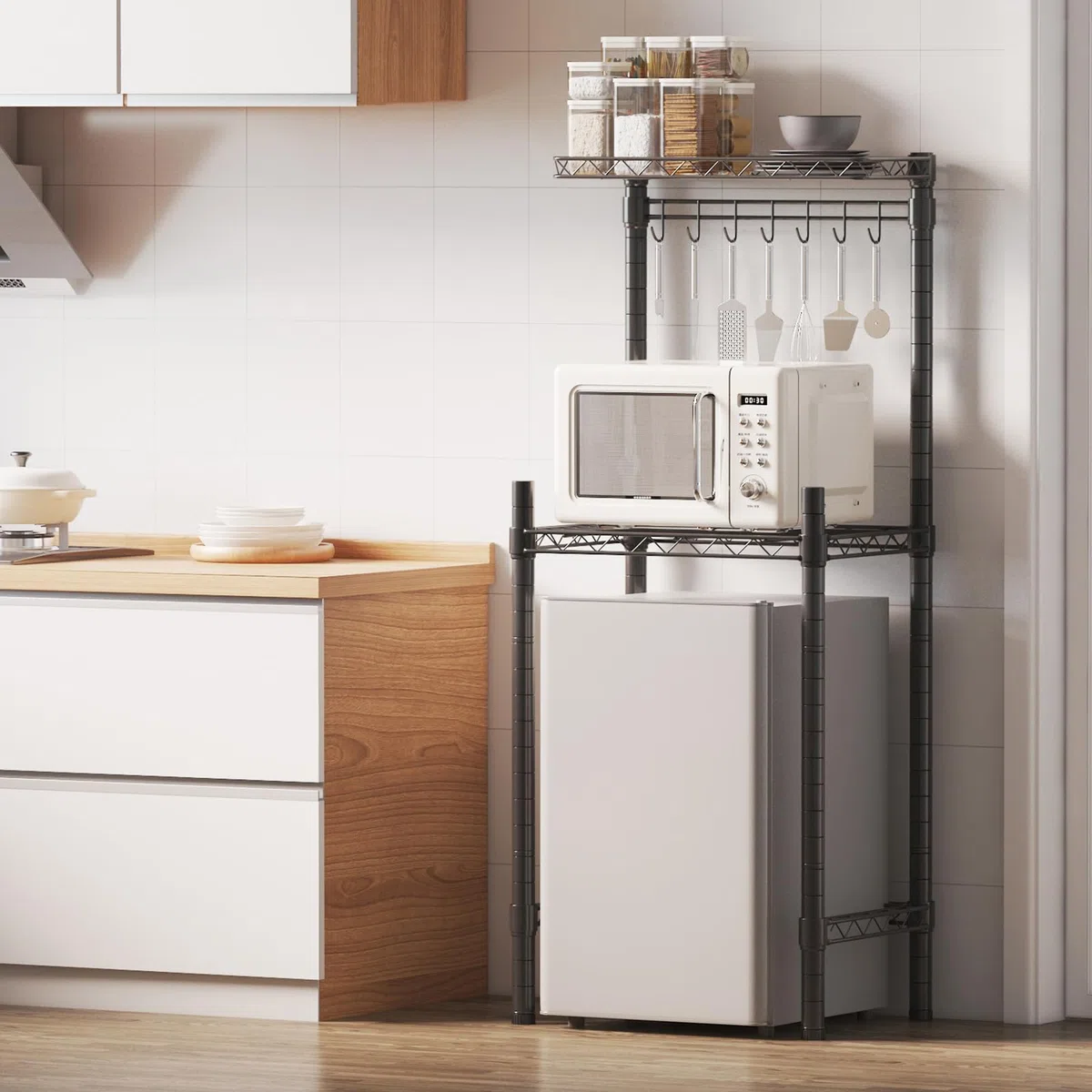 estante de almacenamiento ajustable en altura para nevera y microondas, estante multifuncional metálico para cocinas