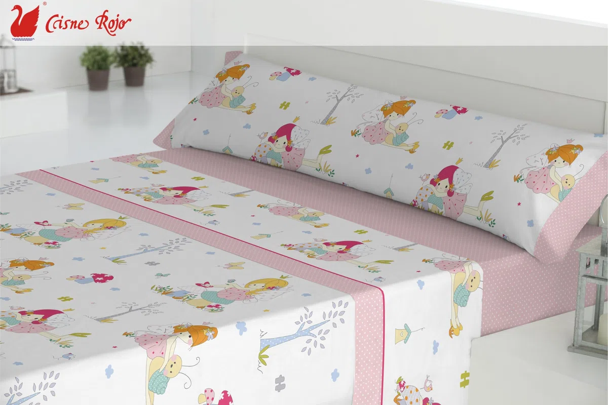 Cisne Rojo Juego de Sabanas Verano. Juego Sabanas Todo el Año. Sabanas Frescas. Sabanas Estampadas. Modelo Hadas. Color Rosa. Cama 105 cm (200050-105-R)