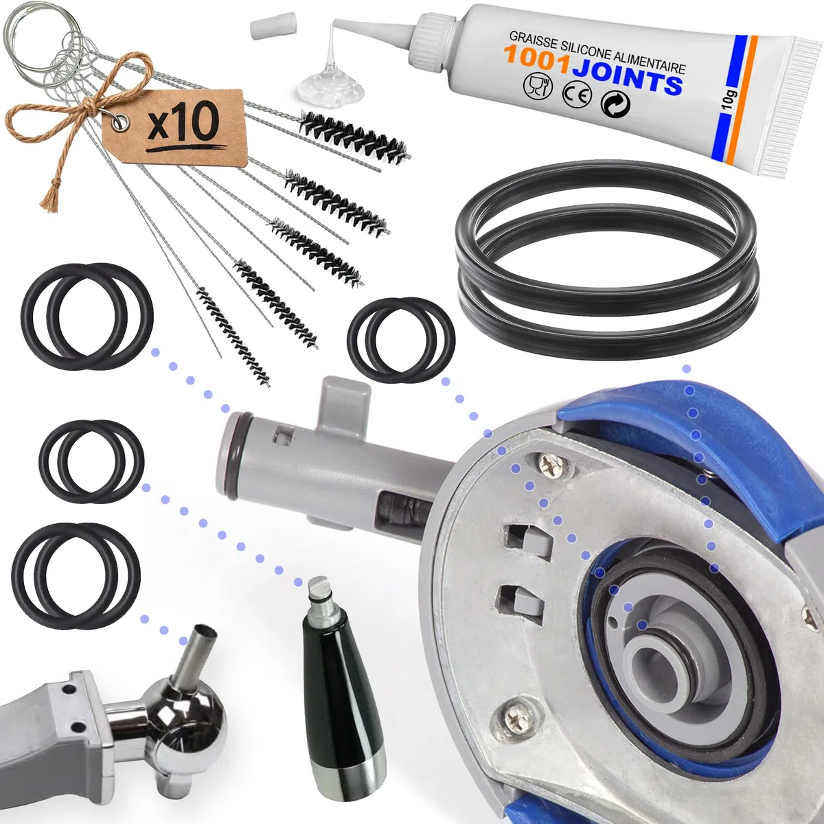 Juego de 2 kits de 5 juntas de sellado para PERFECTDRAFT HD3720 HD3620 HD3610 HD3600 compatible con el boquilla vertedero y el grifo de la tijera de cerveza + kit de limpieza 5 mini cepillo + grasa