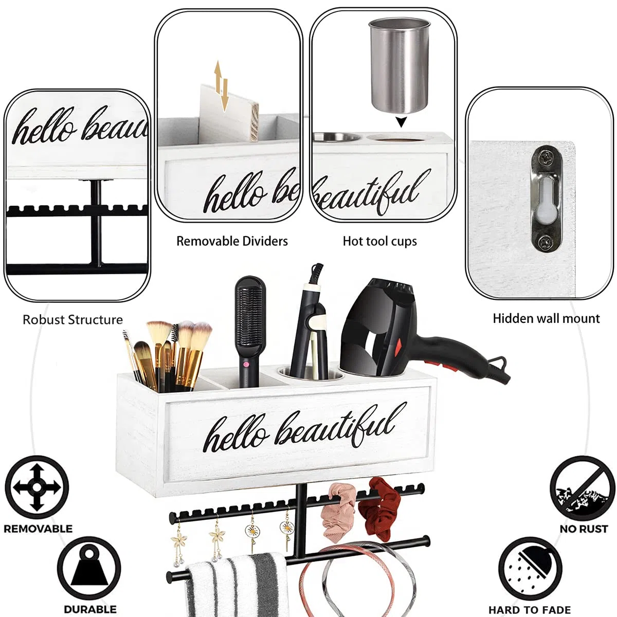 Soporte rústico para secador de pelo montado en la pared, organizador de herramientas y accesorios para peinar el cabello, suministros de baño y herramientas calientes, organizador de tocadores, para