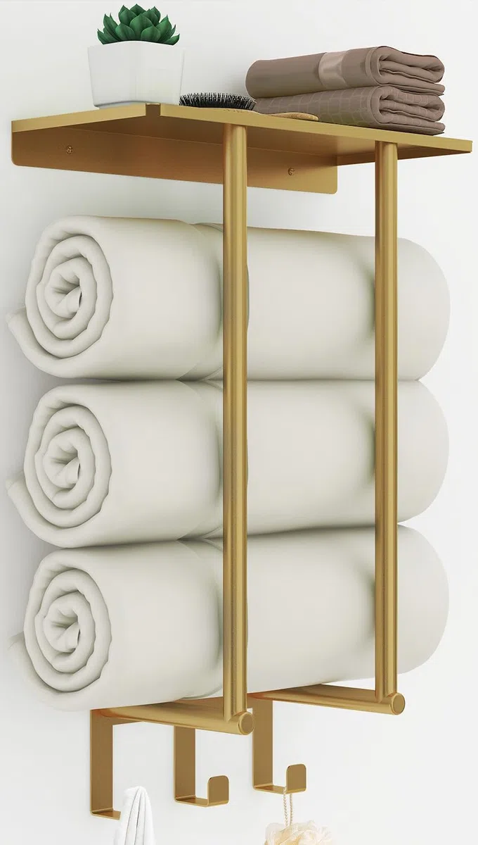 Toalleros de Baño Pared BETHOM Dorado 50 CM Colgador de Toallas para el Baño con Balda y 3 Ganchos Acero Inoxidable Soporte Toallas Baño de Almacenamiento para Toallas 3 Enrolladas