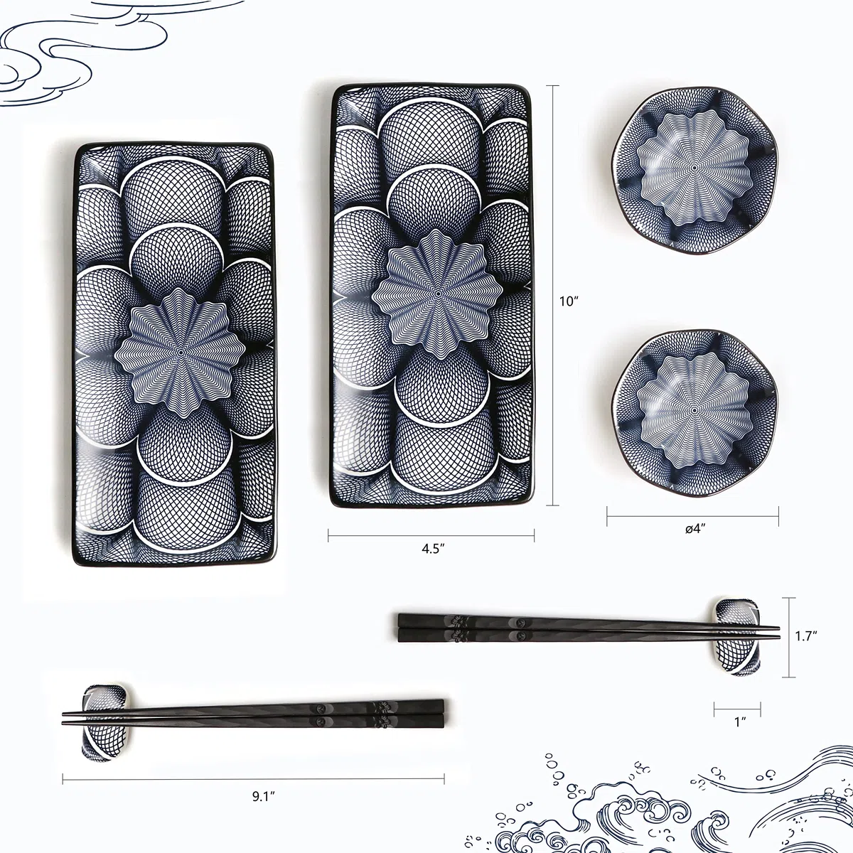 ELUSH Juego de 8 platos de sushi de cerámica de estilo japonés de 10 pulgadas, platos rectangulares de sushi, 2 platos de sushi, 2 platos de salsa, 2 pares de palillos, 2 soportes para palillos