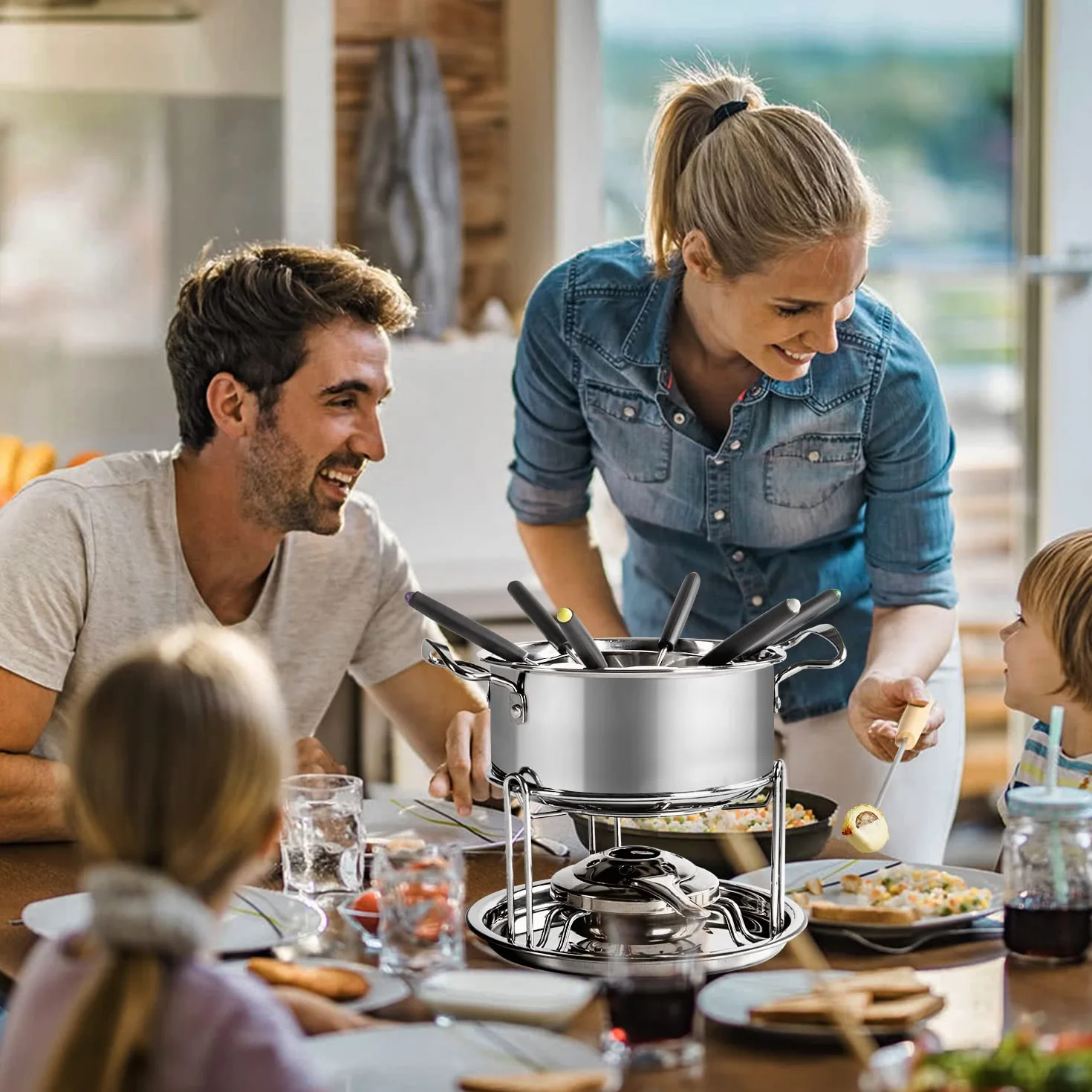 Set de Fondue de Queso para 6 Personas Fondue de Acero Inoxidable Hogar DIY Fondue de Carne y Queso Juego de Fondue con Quemador Perfecto para una Fiesta de Vacaciones（Plata o2）