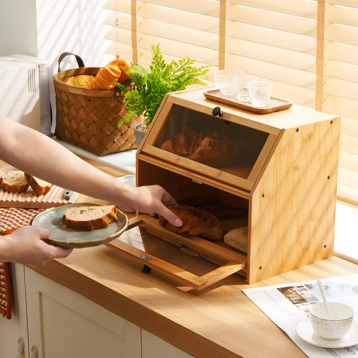 YOUDENOVA Panera Ecológica de Bambú Con Tabla de Cortar y Caja de Almacenamiento, Visualizada para Pan Tostado, 39 x 26 x 32,5 cm, Bambú Natural