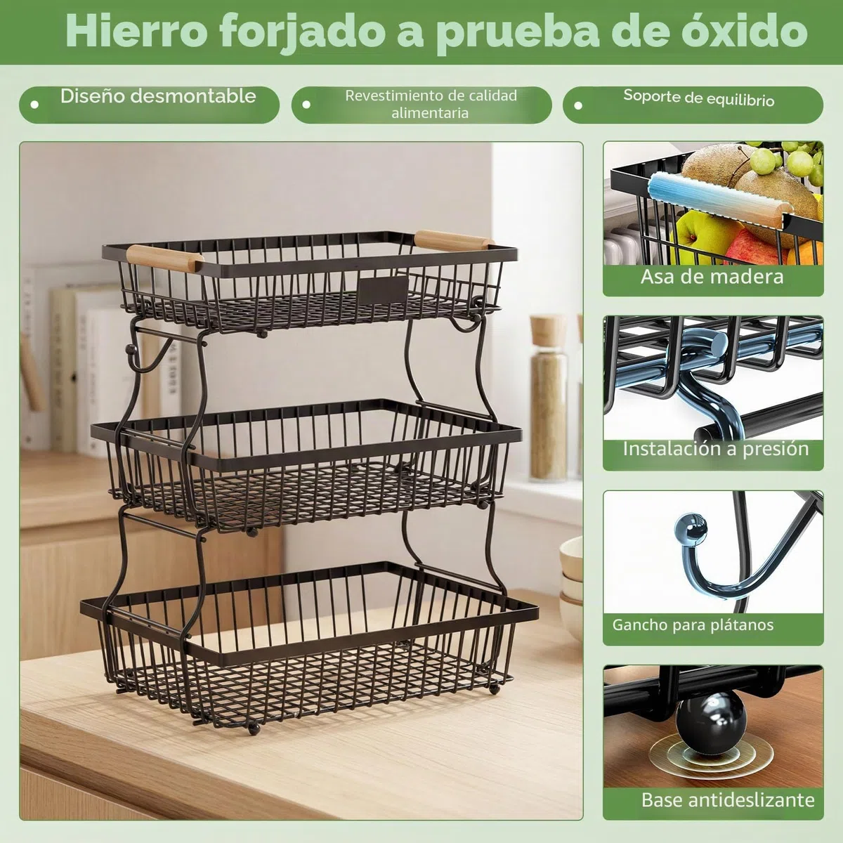 Fruteros De Cocina Frutero 3 Pisos con 2 Soportes para Plátanos, Cesta para Almacenar Frutas, Cebollas, Patatas, Pan, Aperitivos y Verduras (Negro)