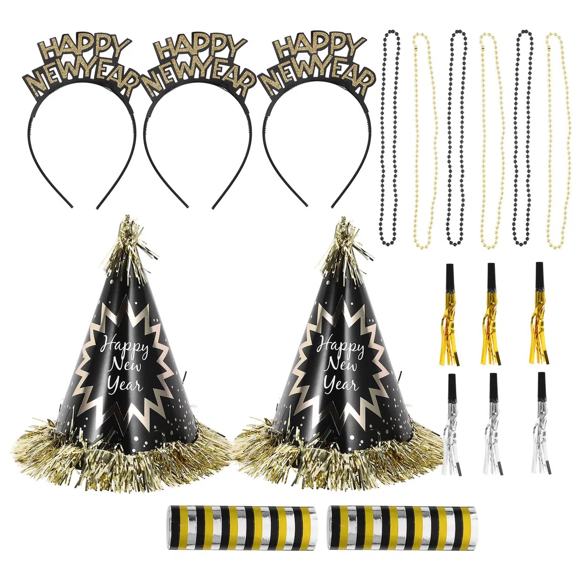 1 Bolsa Sombrero de Fiesta de Año Silbatos de Fiesta Aros el Pelo Sombreros Cónicos Collares de Cuentas para Decoración de Nochevieja