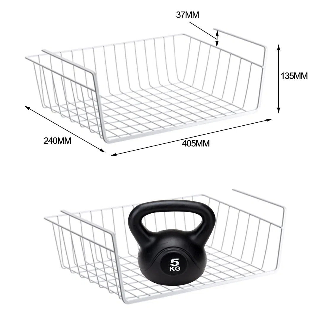 Cesta de almacenamiento para colgar debajo del estante, organizador de alambre de metal extraíble para cocina, armarios, estantes, gabinete, oficina (paquete de 2 unidades), color blanco