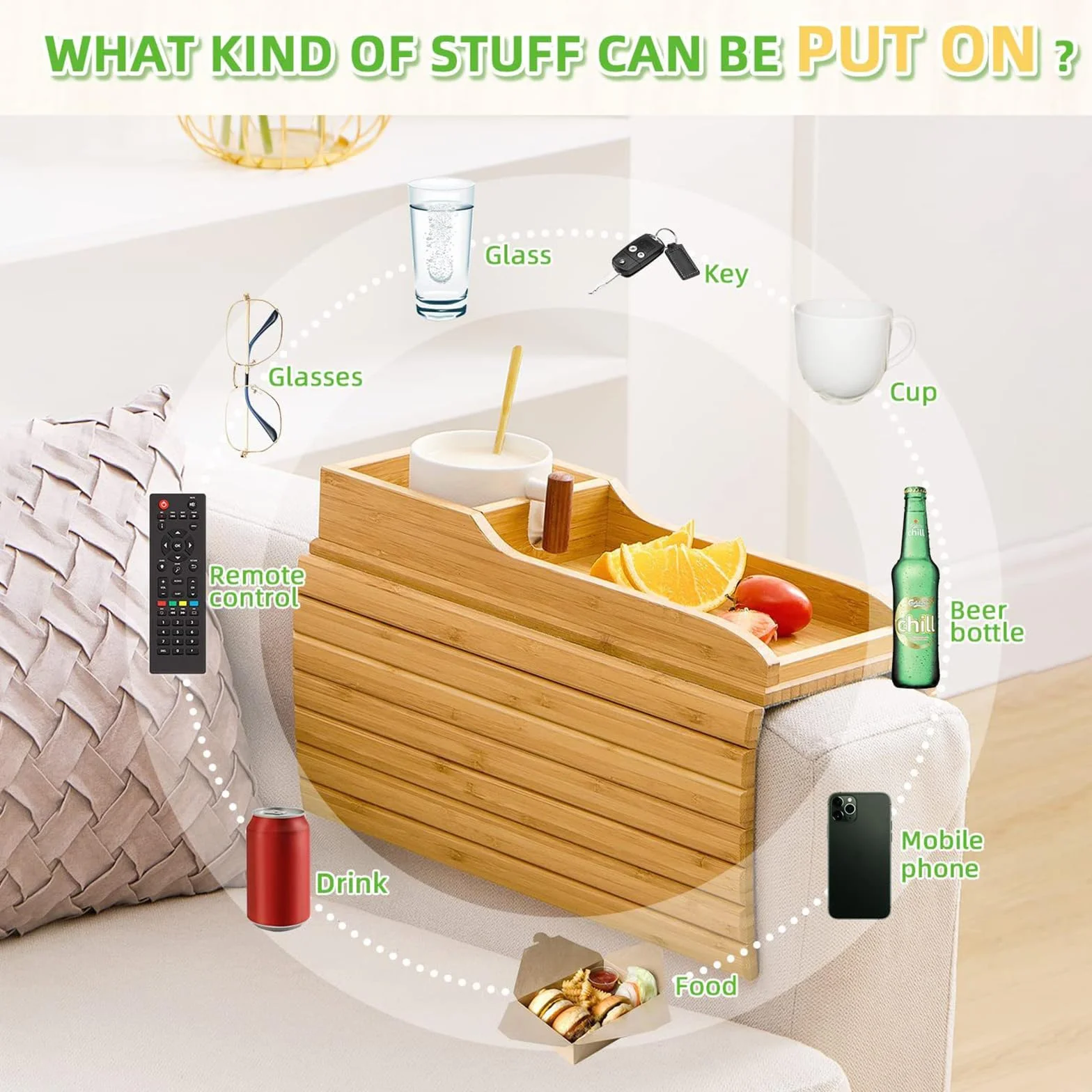 Bandeja de Brazo para Sofá con Alfombrillas para Tazas, Bandeja para Reposabrazos de Sofá Plegable, Mesa de Brazo de Sofás Bandejas de Sofás de Madera Antideslizante con Portavasos para Mando, Tazas