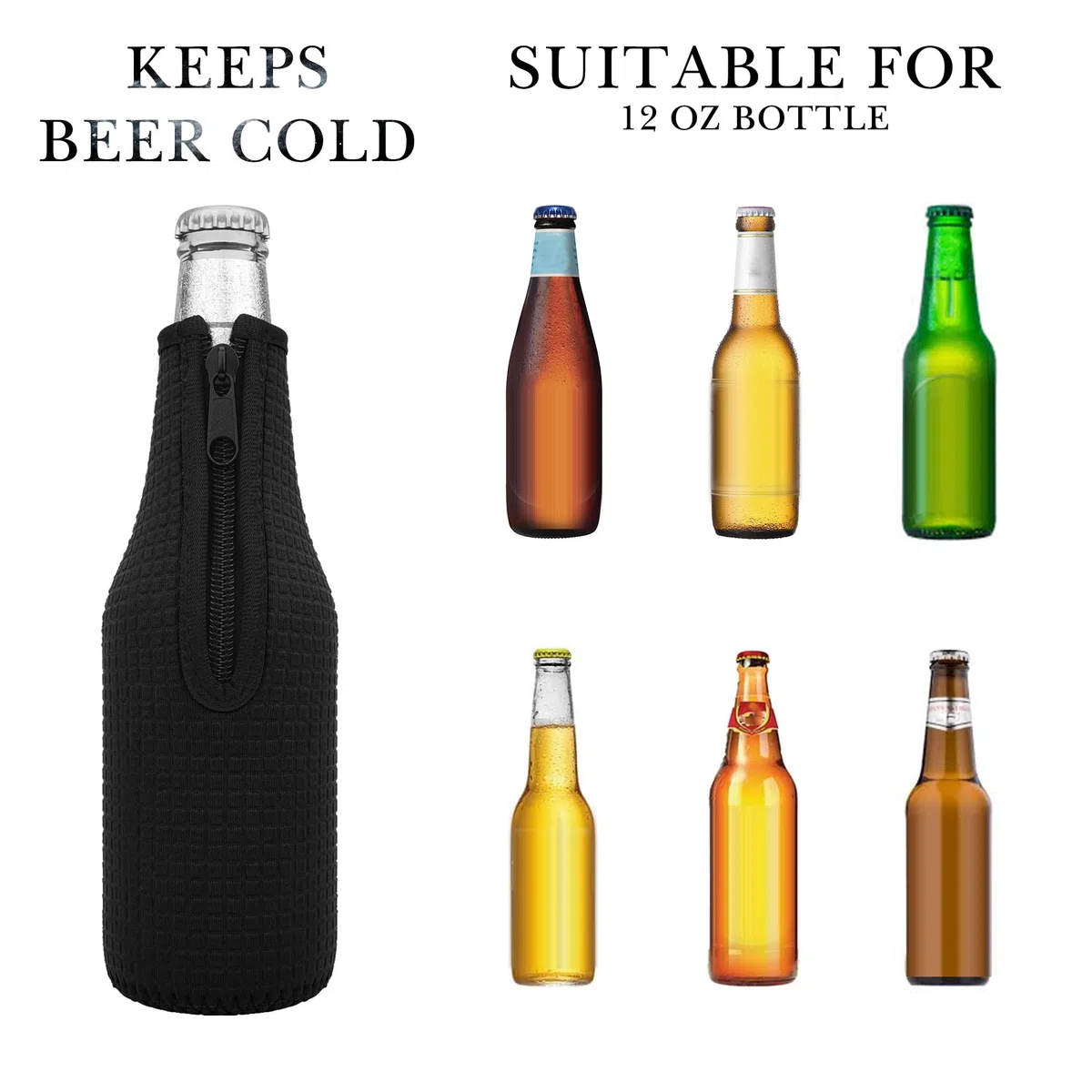 Linkidea Paquete de 4 enfriadores de vidrio para botellas de cerveza de 12 onzas, aislantes de neopreno grueso antideslizante, fundas para botellas de cerveza con cremallera (negro/azul/rojo/amarillo)