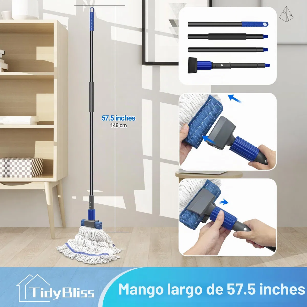 TidyBliss Mopa Fregona Industrial, Mopas de Limpieza de Suelos con Manija Extra Larga de 146 cm, Profesional para Limpieza en Seco y Humedo de Suelos de Madera, Cemento, Azulejos (Azul)