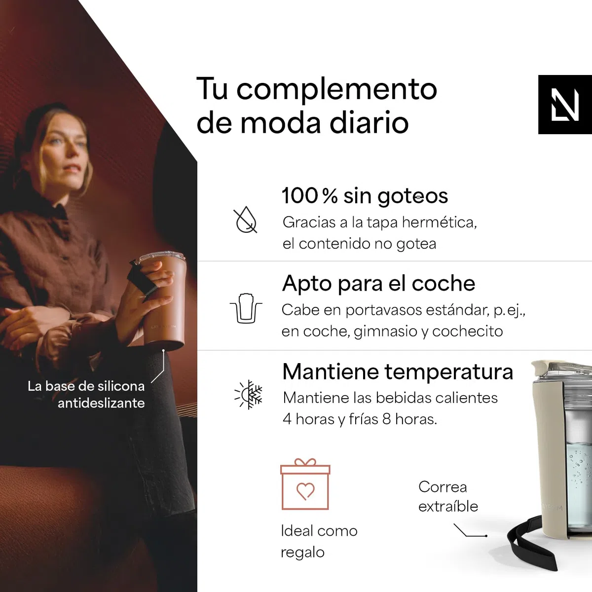 LARS NYSØM Taza térmica café para llevar con correa y Tapa Tritan | Termo Café de 0,38 litros con aislante | Travel mug de acero inoxidable a prueba de fugas (Almond Beige, 380ml)
