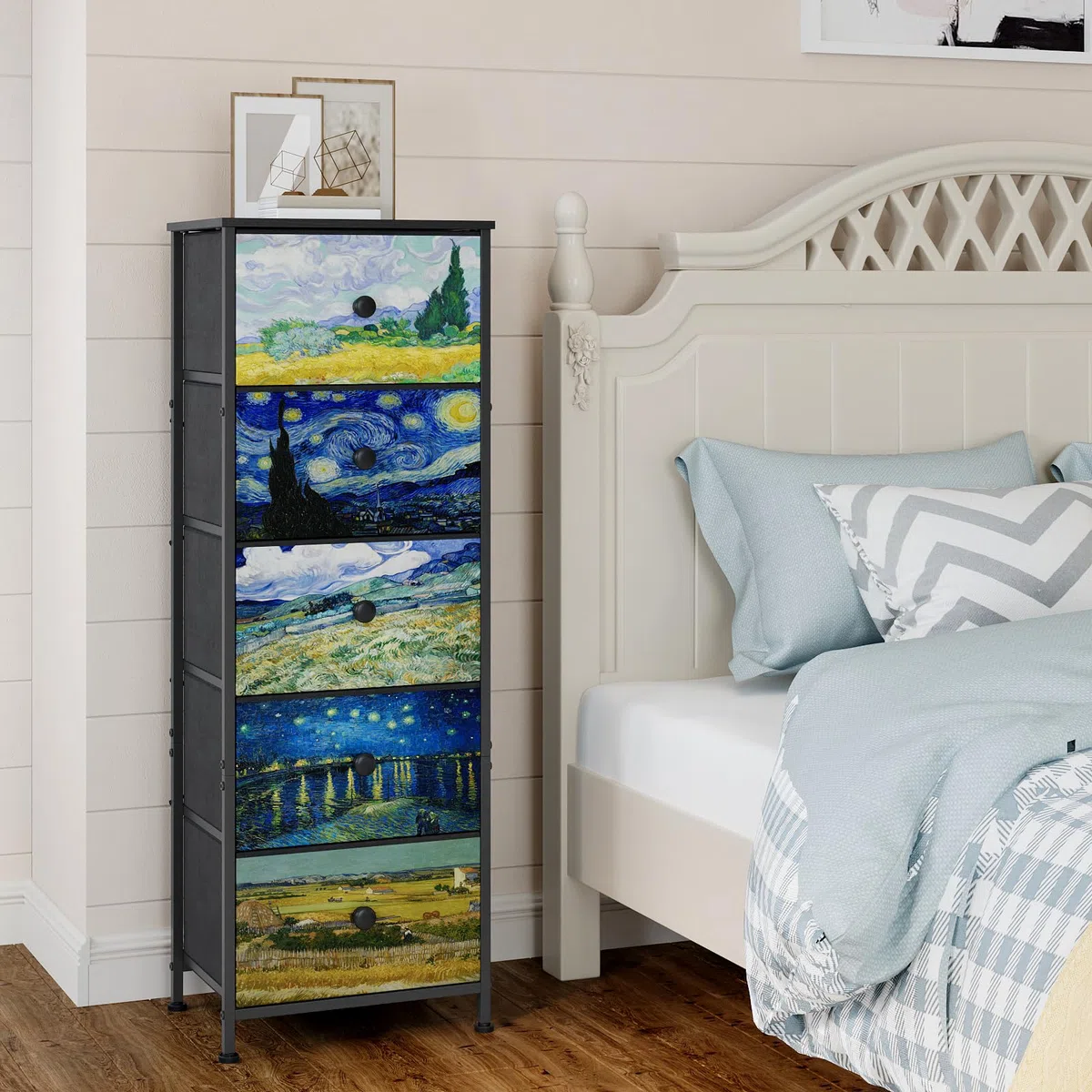 Cómoda con cajones de tela, estilo Van-Gogh, armario estrecho para tocador, armario de almacenamiento para dormitorio, armario industrial, pasillo, salón, habitación infantil (5 cajones)