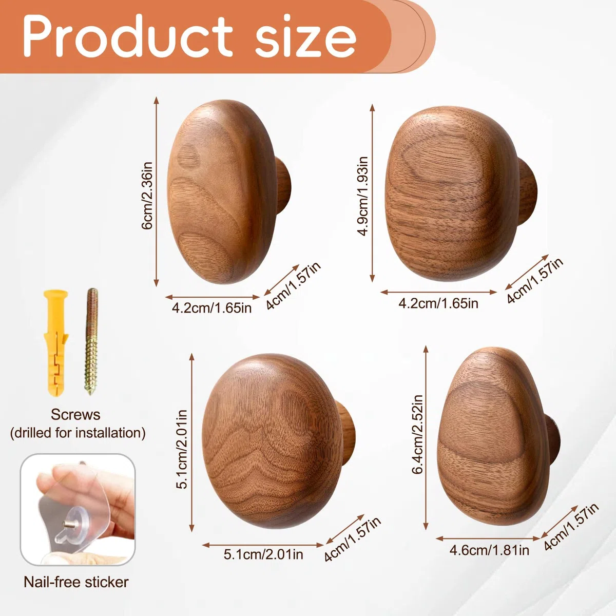 Juego de 4 Ganchos de Pared de Madera, Percheros Decorativos de Haya y Nogal, Colgadores Resistentes para Abrigos, Chaquetas, Bolsos, Toallas y Llaves, Estilo Moderno para Entrada y Baño