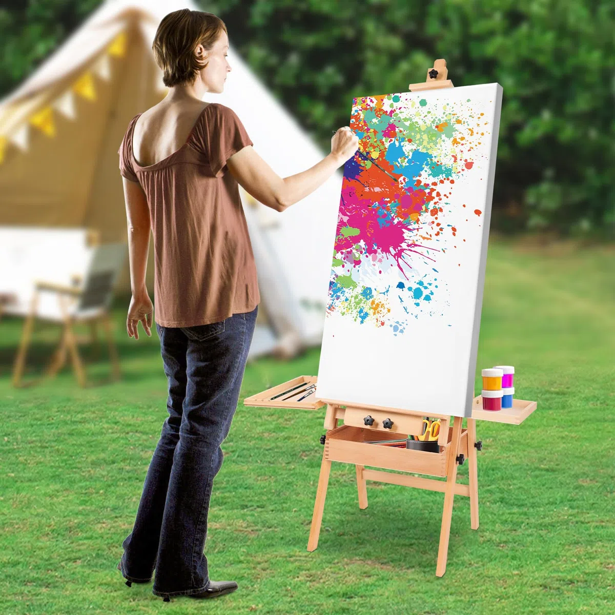 Caballete de taller ajustable de madera, soporte de madera, caballete de estudio con compartimento de almacenamiento, para pintura, soporte de pintura, 44 x 40 x 122-207 cm