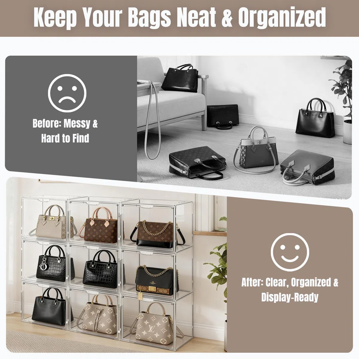 Organizadores transparentes de almacenamiento de bolsos para armario, 9 paquetes de plástico acrílico para bolsos, zapatos, juguetes, vitrina de exhibición de juguetes, bolsa apilable de lujo