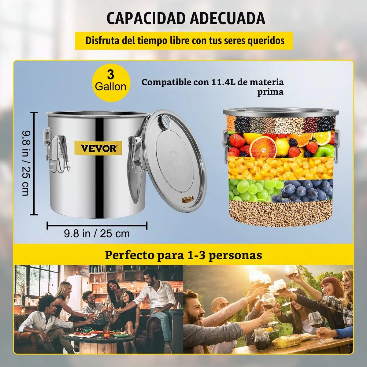 VEVOR Destilador de Alcohol de Agua 11,4 L Kit de Destilación con Bomba de Circulación, Tubo de Cobre para Alambique de Alcohol con Termómetro Incorporado para Whisky, Alcohol DIY, Acero Inoxidable