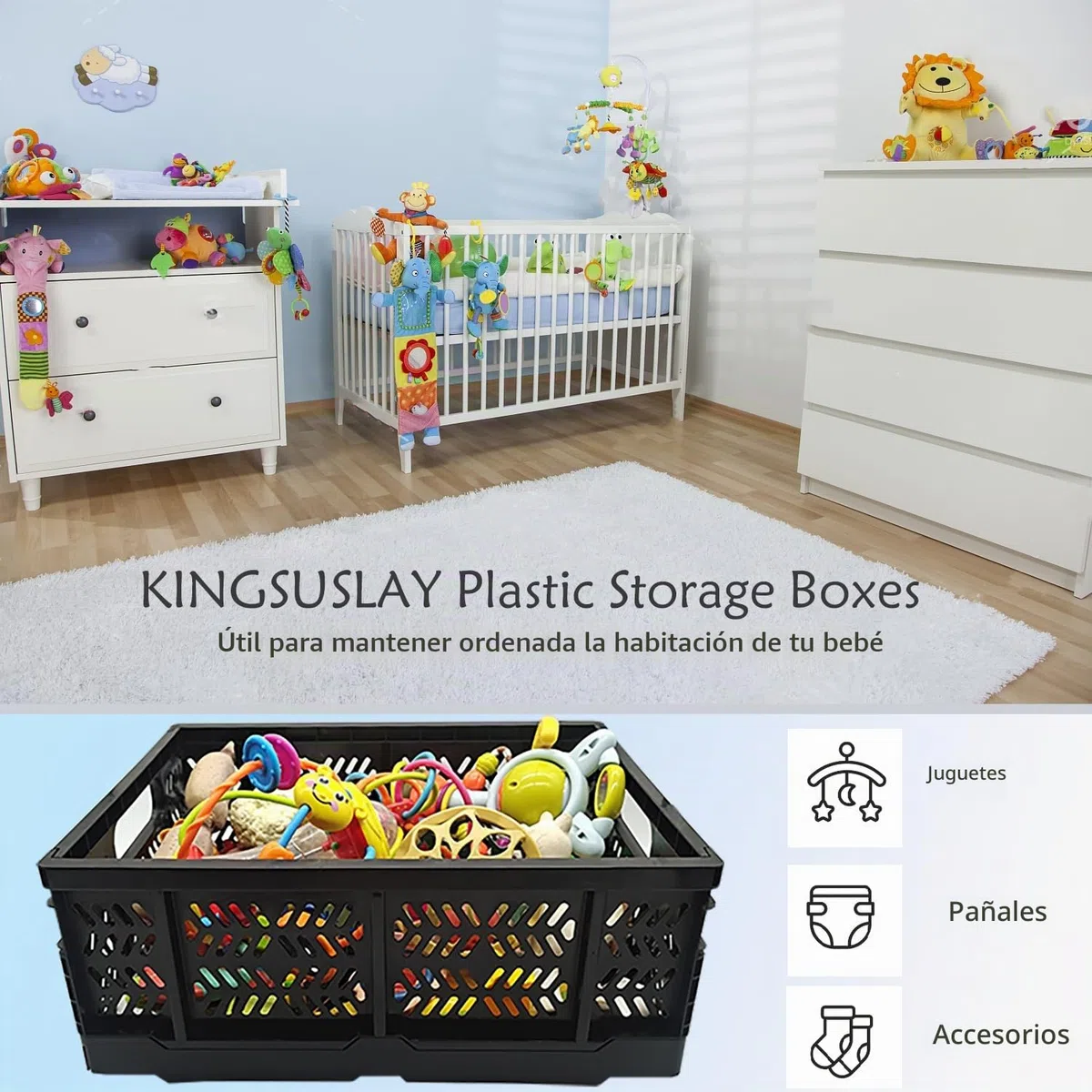 Cajas de almacenamiento de plástico plegables para el hogar, cocina, oficina, alimentos, frutas, verduras, aperitivos, botellas, juguetes, despensa (4 unidades)