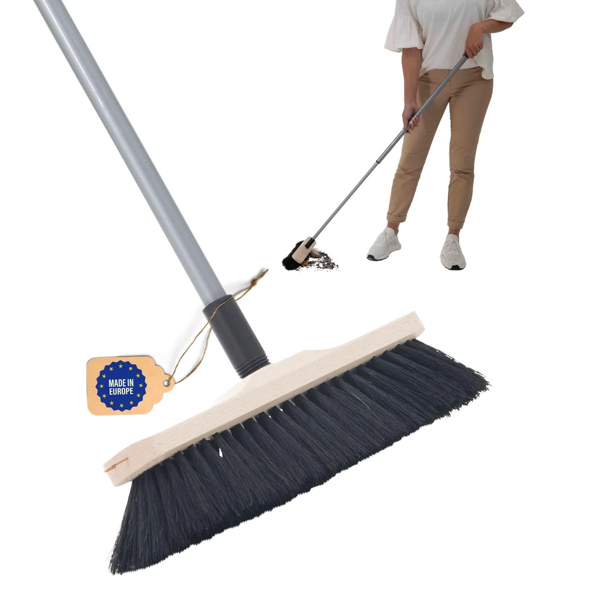 Novaliv Escoba de habitación con mango auténtico pelo de crin, cerdas suaves, mango telescópico, escoba mixta para laminado y parqué, cepillo de crin
