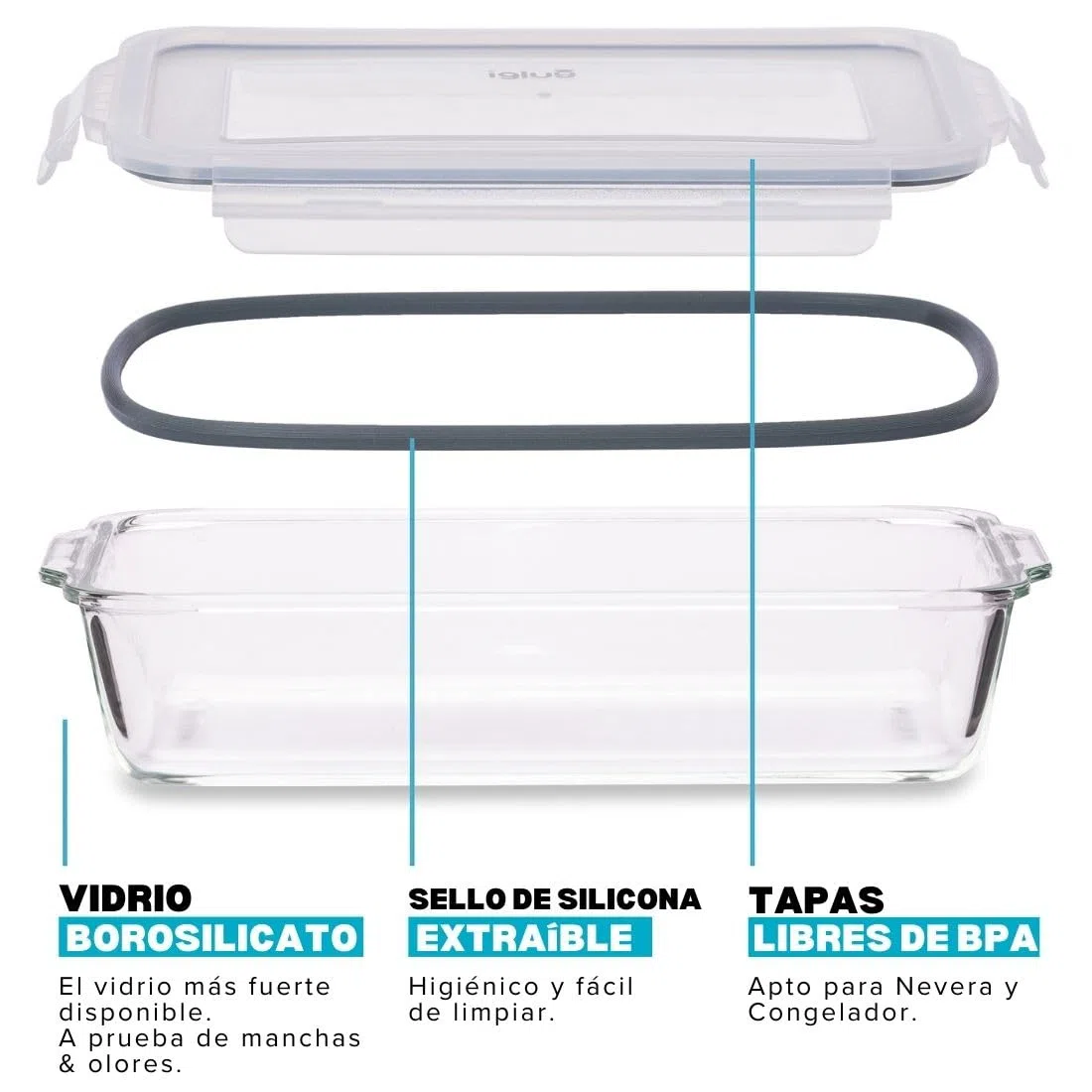 Igluu Meal Prep Fuente de Cristal para Lasagna con Tapa – Hermética Sin BPA – Aptos para Horno, Microondas, Congelador y Lavavajillas – 2.2L – Vidrio de Borosilicato