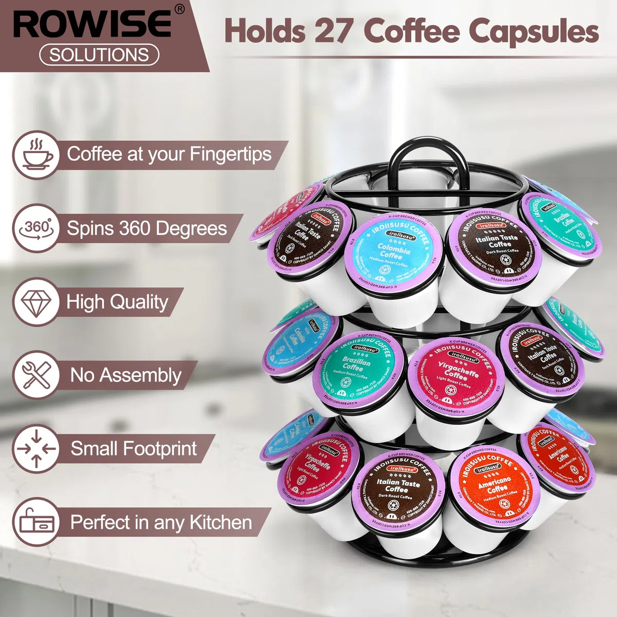 ROWISE Soporte para cápsulas de café, soportes para tazas K, carrusel de cápsulas de café de 3 niveles compatible con tazas K (27 cápsulas), gira 360 grados, diseño negro moderno