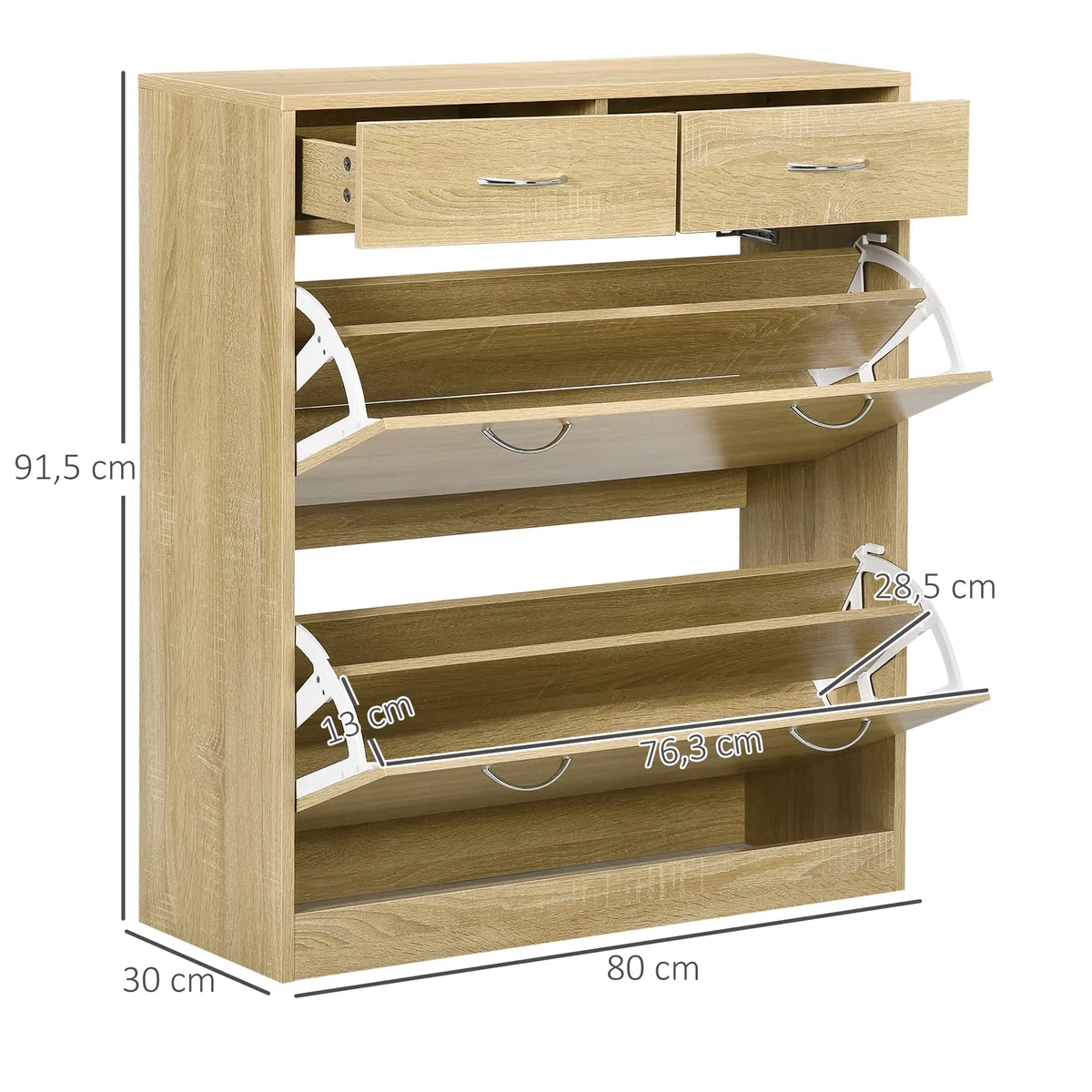 HOMCOM Armario de Zapatos Zapatero de Madera para 12 Pares de Zapatos con 2 Puertas Abatibles y 2 Cajones para Salón Pasillo 80x30x91,5 cm Roble