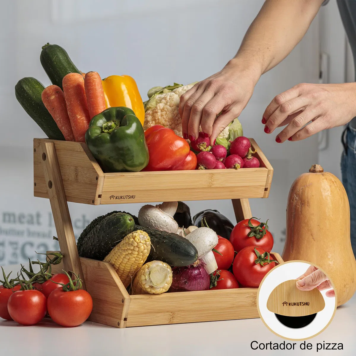 Frutero de Madera de Bambú de 2 Pisos - Organizador de Cocina Moderno - Verdulero y Panera + Corta Pizza de Bambú