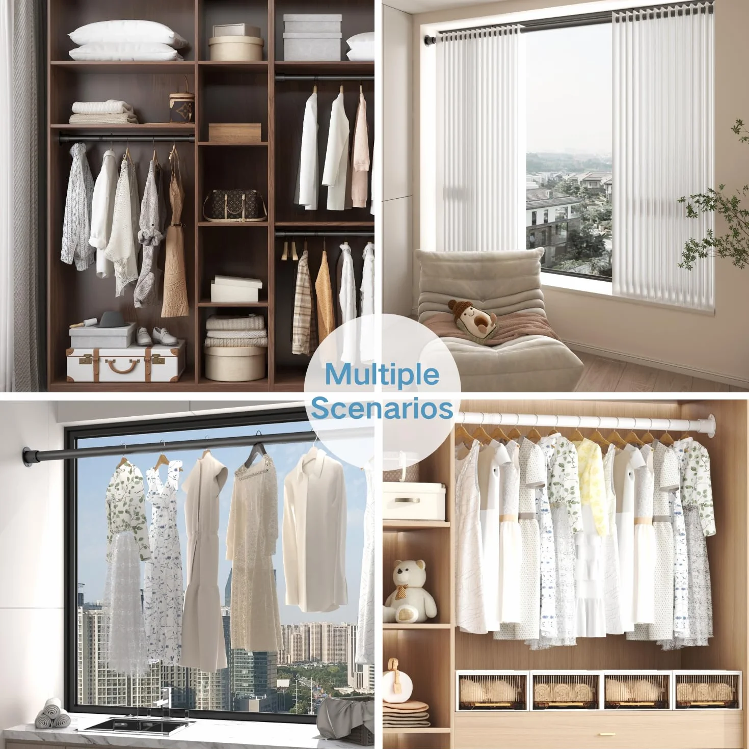 Barra Armario Extensible con Enchufes de Fijación y Tornillos, Barra para Colgar Ropa Extensible, para Armario, Guardarropas, Lavandería, 85-160 cm, Blanco (Diámetro 32 mm)