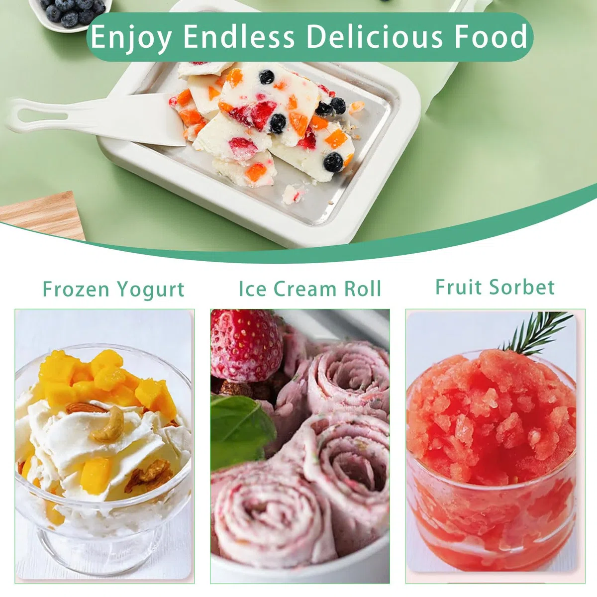 Máquina de rodillos de helado XL instantánea con 2 espátulas, máquina de helado enrollada para sorbete, yogur congelado, helado, helado, máquina casera para hacer yogur congelado para niños, hogar y