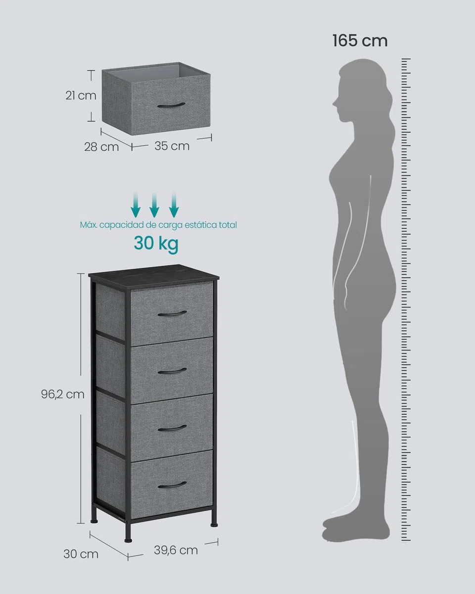 SONGMICS BELLAH Colección - Cómoda, Unidad de Almacenamiento, para Dormitorio, Armario, Pasillo, Salón, Acero, 4 Cajones, Moderno, Gris Pizarra LGS314G101