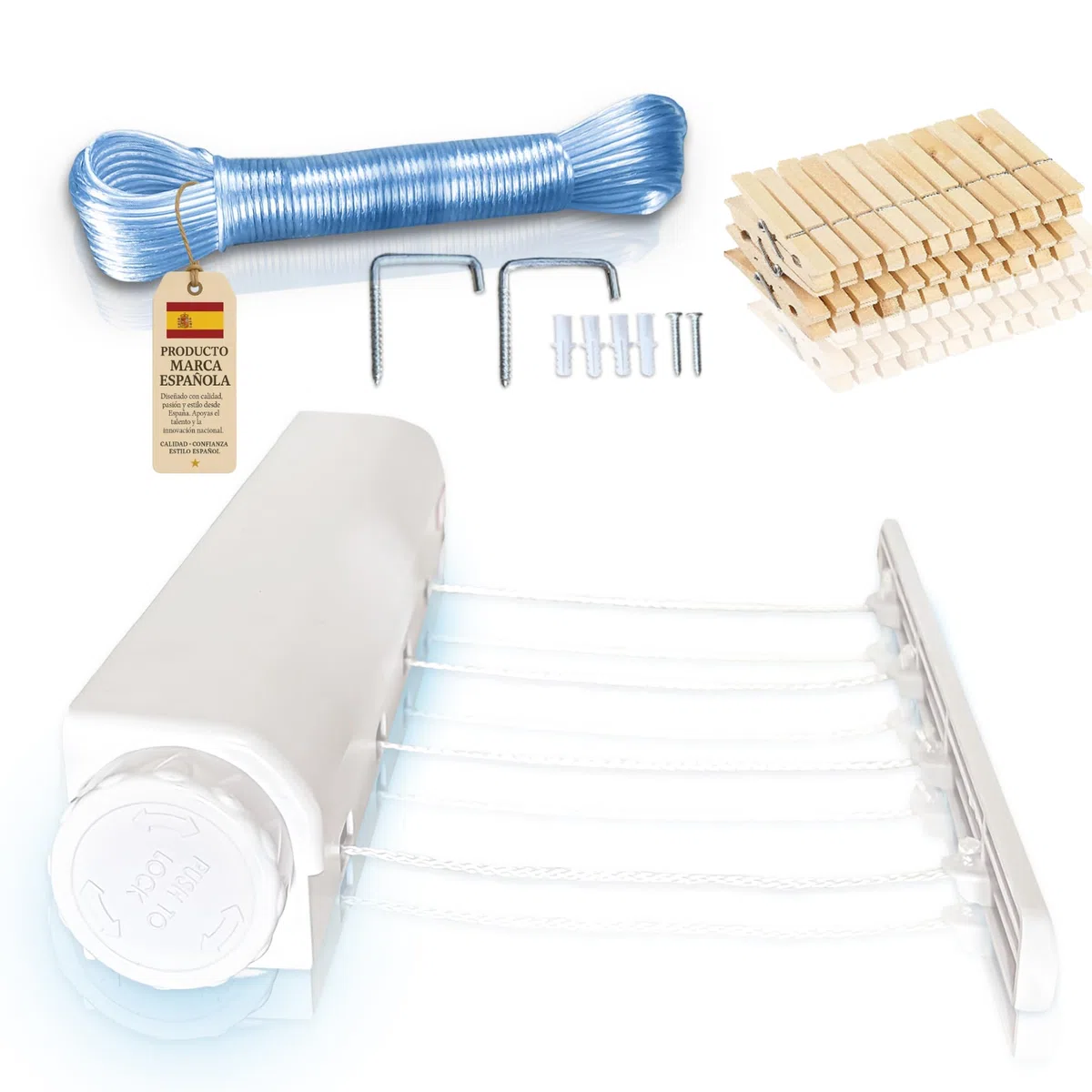 Pack Tendedero Extensible Pared con 4 Cuerdas de 3,2m Cada una,24 Pinzas y 20 m de Cuerda Extra Reforzado en Alambre de Acero 3mm, tendedero retractil, Cuerda tendedero Extensible, Incluye Tarjeta QR