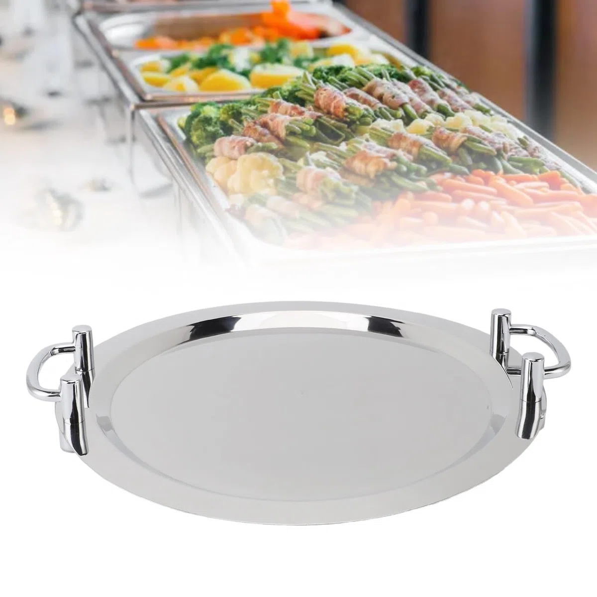 Hztyyier Bandeja de Acero Inoxidable, Bandeja de Metal Multifunción con Asa, para Eventos de Buffet y Catering (Forma Redonda con Mango Plateado, 43 cm.)