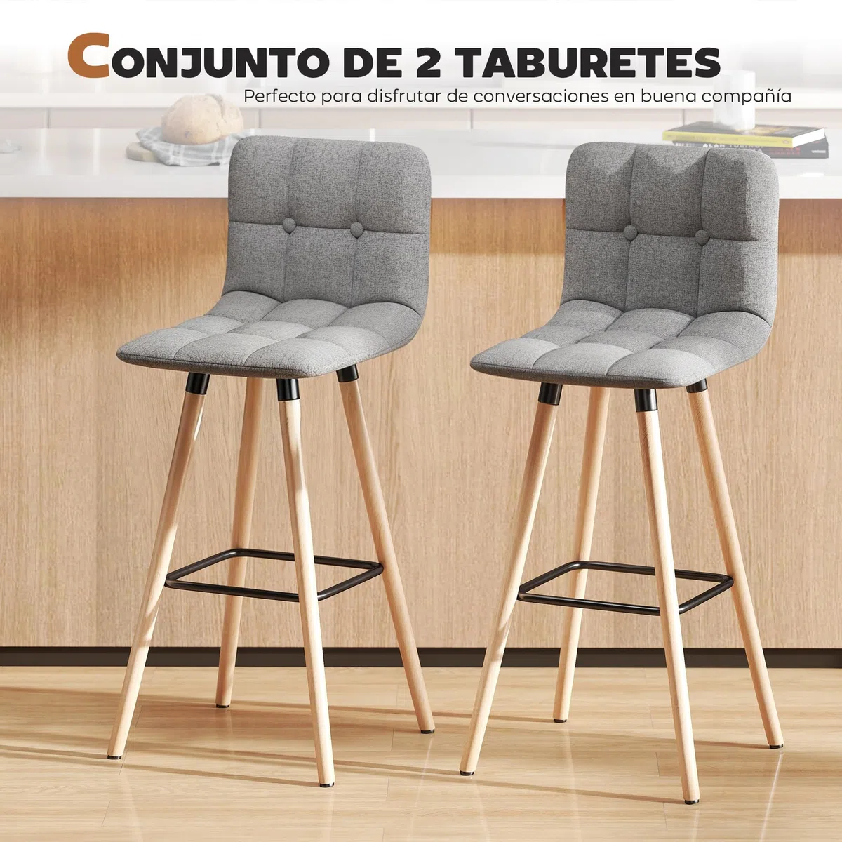 HOMCOM Juego de 2 Taburetes de Bar Taburetes Altos de Cocina Gris | Respaldo, Reposapiés, Patas de Madera, Estilo Moderno, Sillas Altas para Comedor, Salón, Bistró