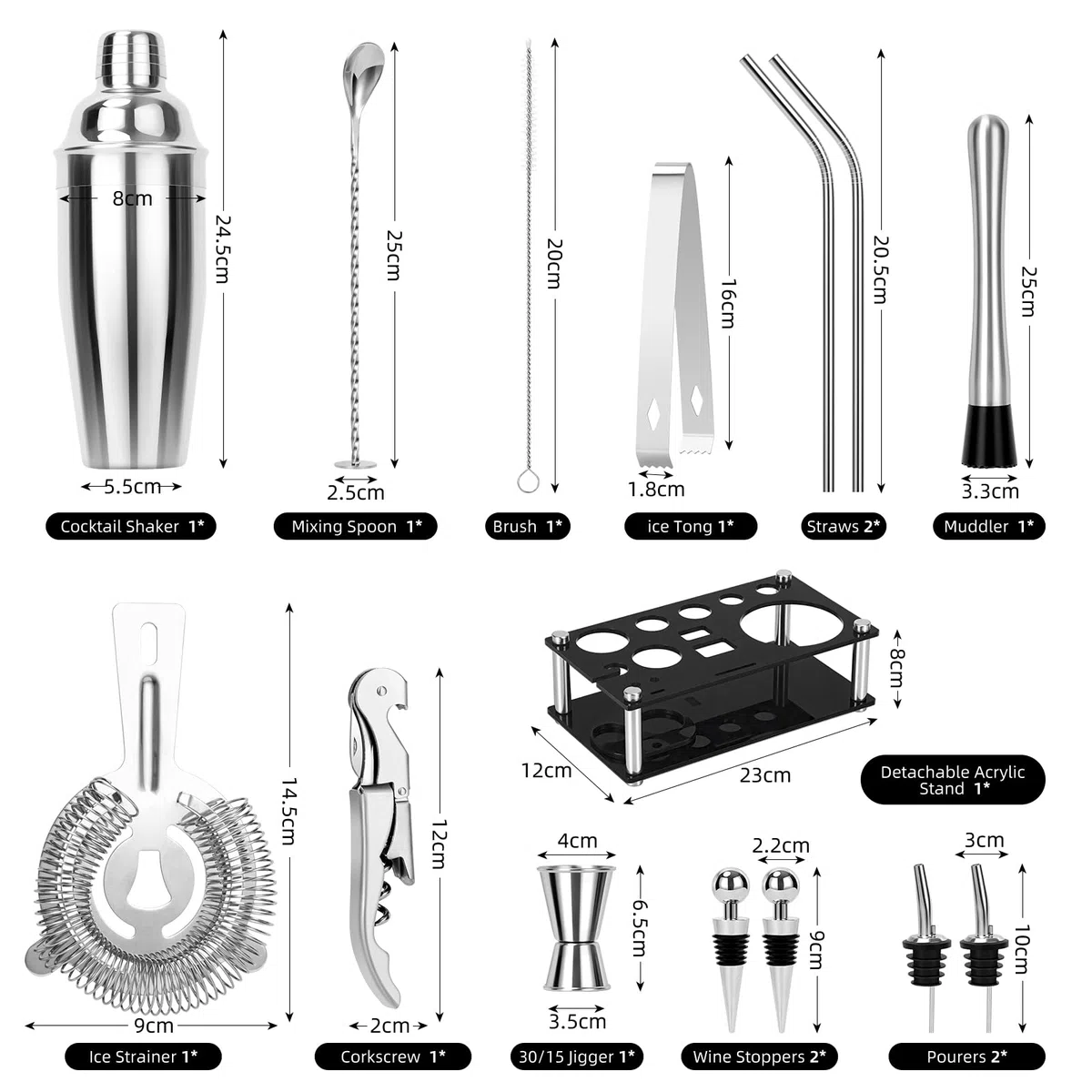 Cinnani 750ML Juego de Coctelera con Soporte,15 Piezas Juego de Coctéles de Acero Inoxidable,Set Cocteleria Profesional,Cocktail Kit,Bartender Set de Cóctel de Acero Inoxidable,Kit Cocktail de Barman