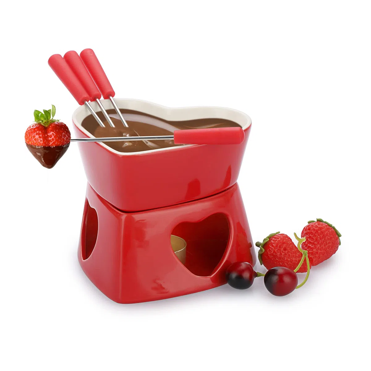 Juego de fondue de cerámica para chocolate con forma de corazón, olla para fondue de queso de porcelana con 4 tenedores, 320 ml, mini quemador resistente al calor, fondue para dulces