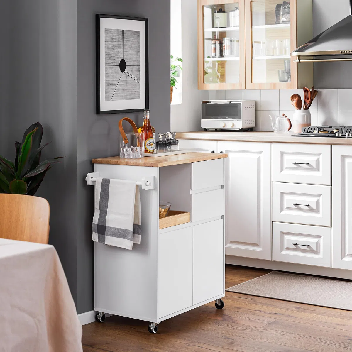 SoBuy Isla de Cocina con Ruedas con Freno y encimera, 72x84x40 cm, Cocina | Carrito Cocina con 2 cajones, 2 puertas, toallero y bandeja, gran almacenaje, carga de 77 kg, MDP/PB, para cocina, FKW123-WN