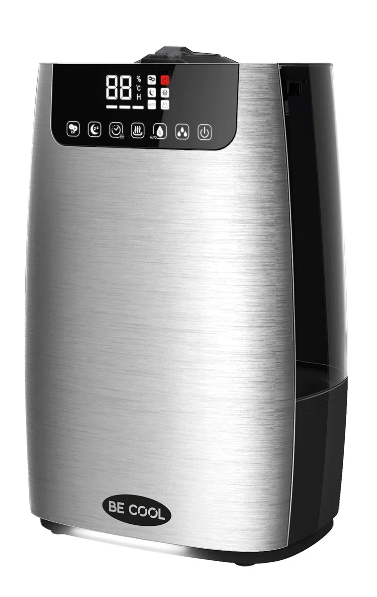 BE COOL Humidificador y difusor de aroma, humidificador frío y caliente para hasta 50 m², adecuado para dormitorio, 4 filtros, luz nocturna, panel táctil, pantalla LED, mando a distancia