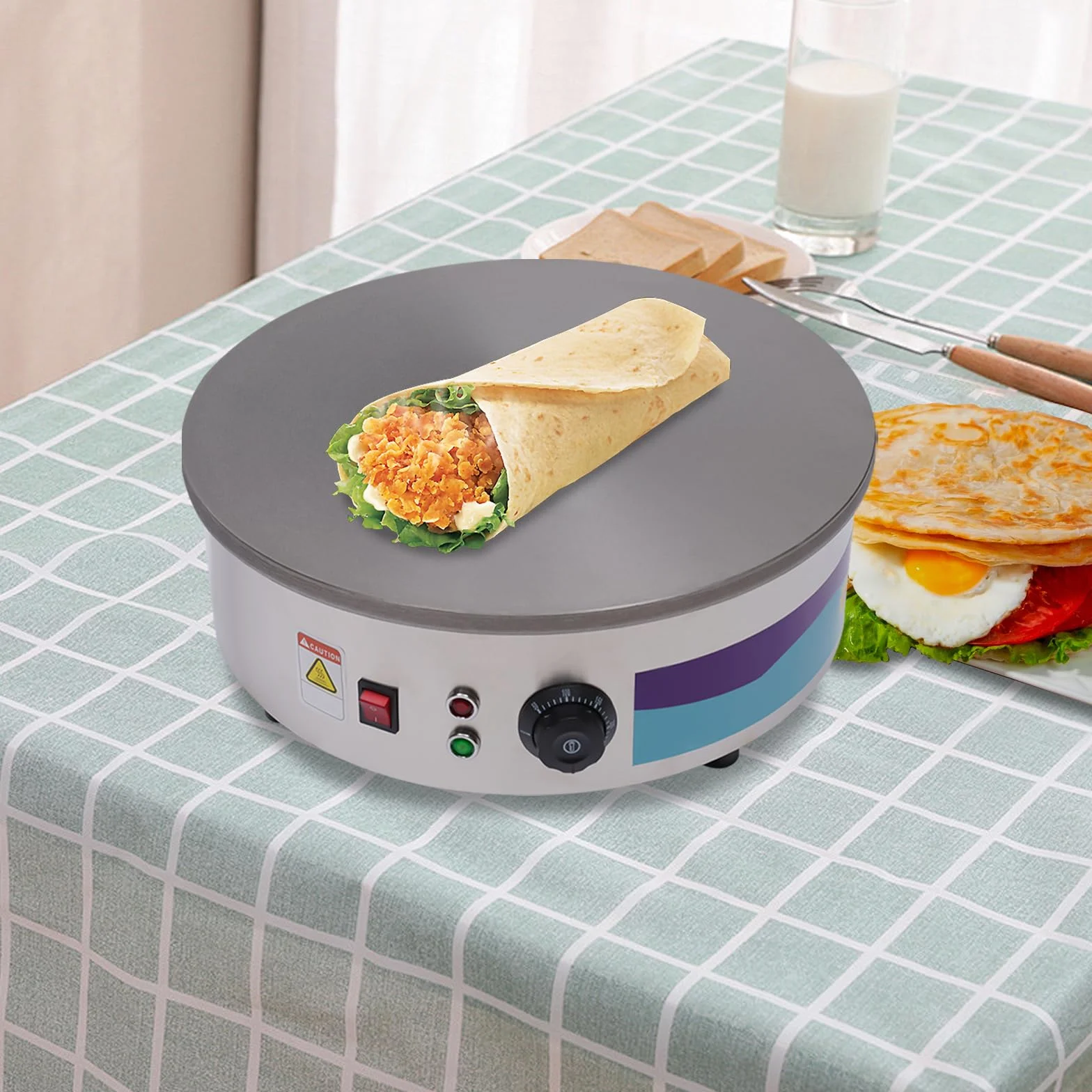Máquina para crepes, 3000 W, crepera eléctrica de hierro fundido, gran placa calefactora Ø45 cm, temperatura ajustable, con dispersión y espátula para hornear panqueques, tocino, huevos, panqueques