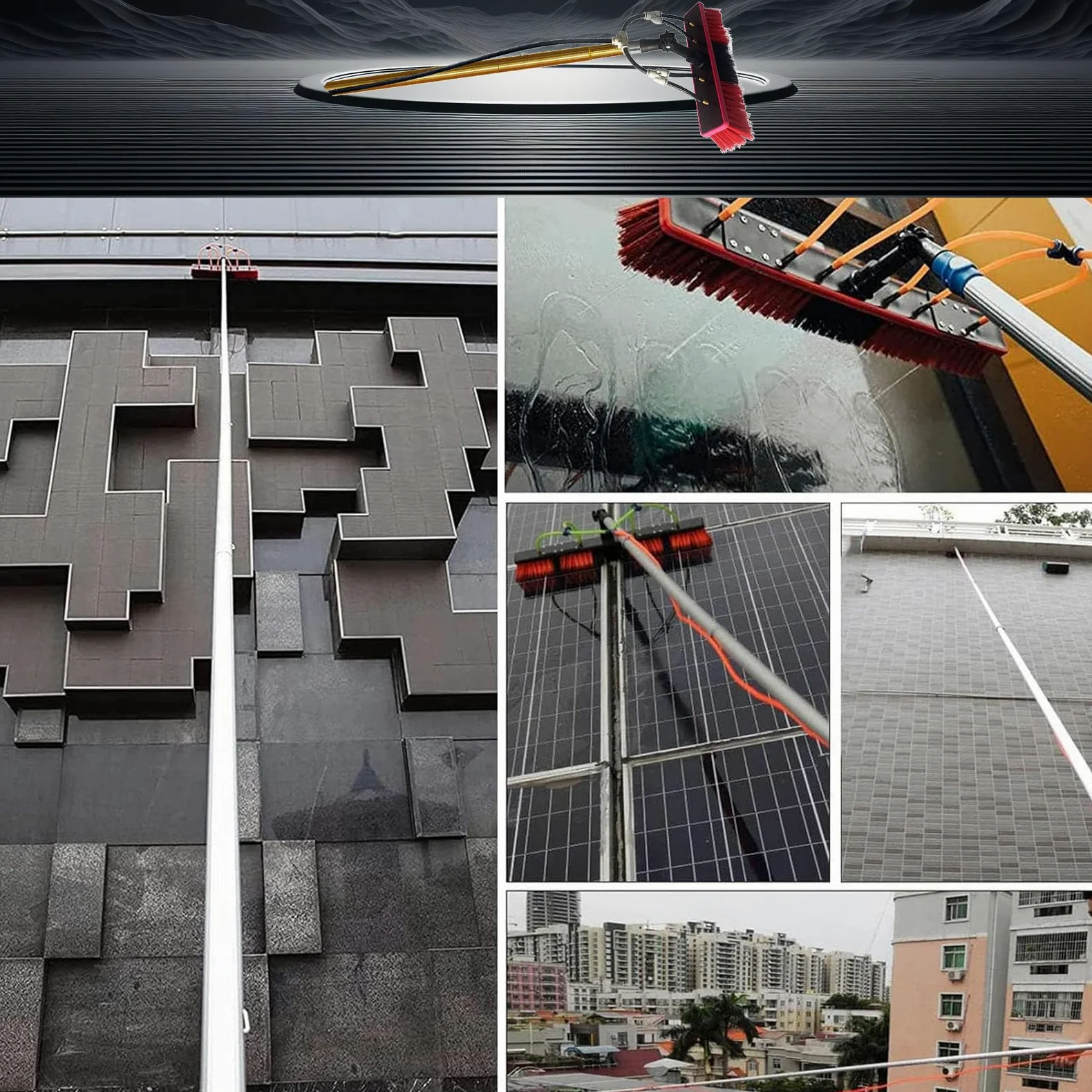 Barra de limpieza de ventanas de 5 m, kit de cepillo extensible de 17 pies para panel solar, limpieza de tejados y canalones – Equint alimentado por agua para un fácil lavado
