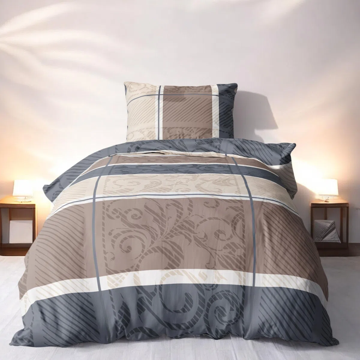LINKHOFF Ropa de cama de franela de 135 x 200 cm, 2 piezas, color beige topo, 100 % algodón, funda de almohada de 80 x 80 cm + funda nórdica de 135 x 200 cm
