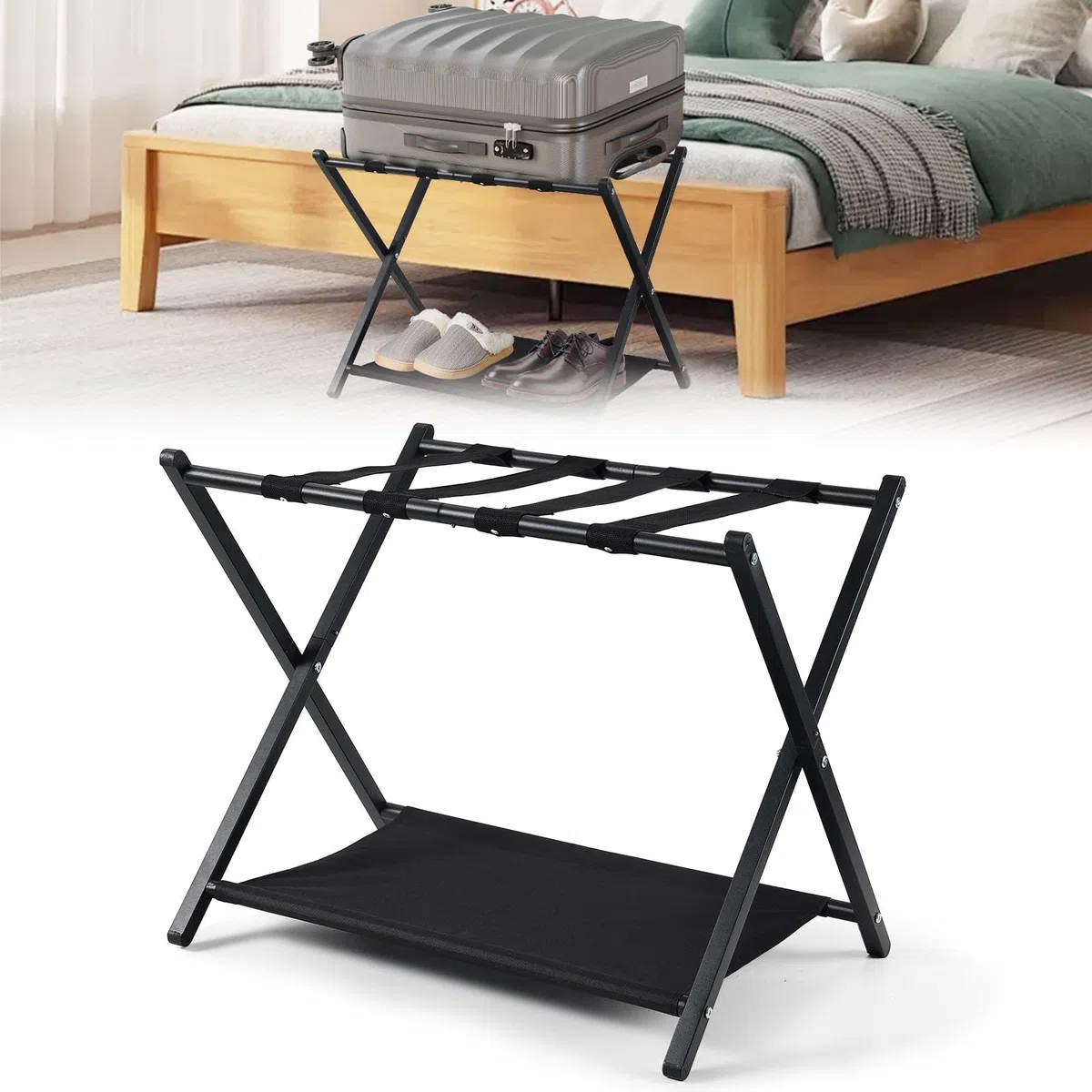 Soporte para maletas, soporte plegable de bambú para hotel, dormitorio, habitación de invitados, metal cromado, plegable