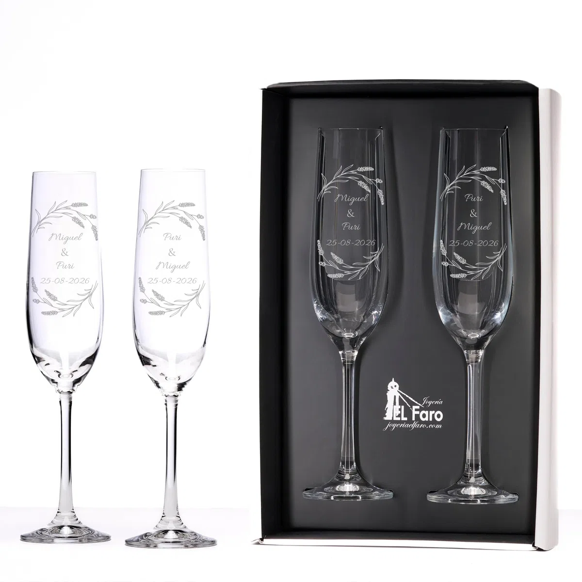 JOYERIA EL FARO | Copas grabadas para novios | Copas personalizadas para bodas | Cristal de Bohemia de alta resistencia | Estuche premium incluido | Brinda y celebra el amor (Ramitas)