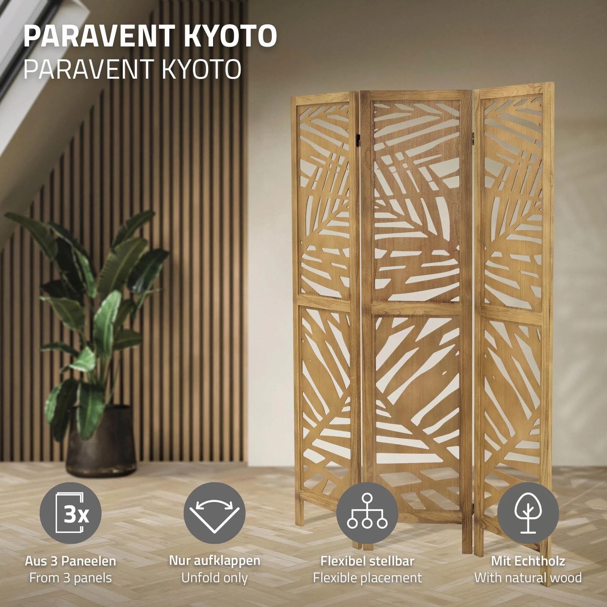 ML-Design Biombo Divisorio de 3 Paneles Modelo Kyoto de Madera Natural 170 x 121 cm, Separador de Ambientes Plegable para Interiores, Mampara Independiente para Vestuarios, Pantalla de Privacidad