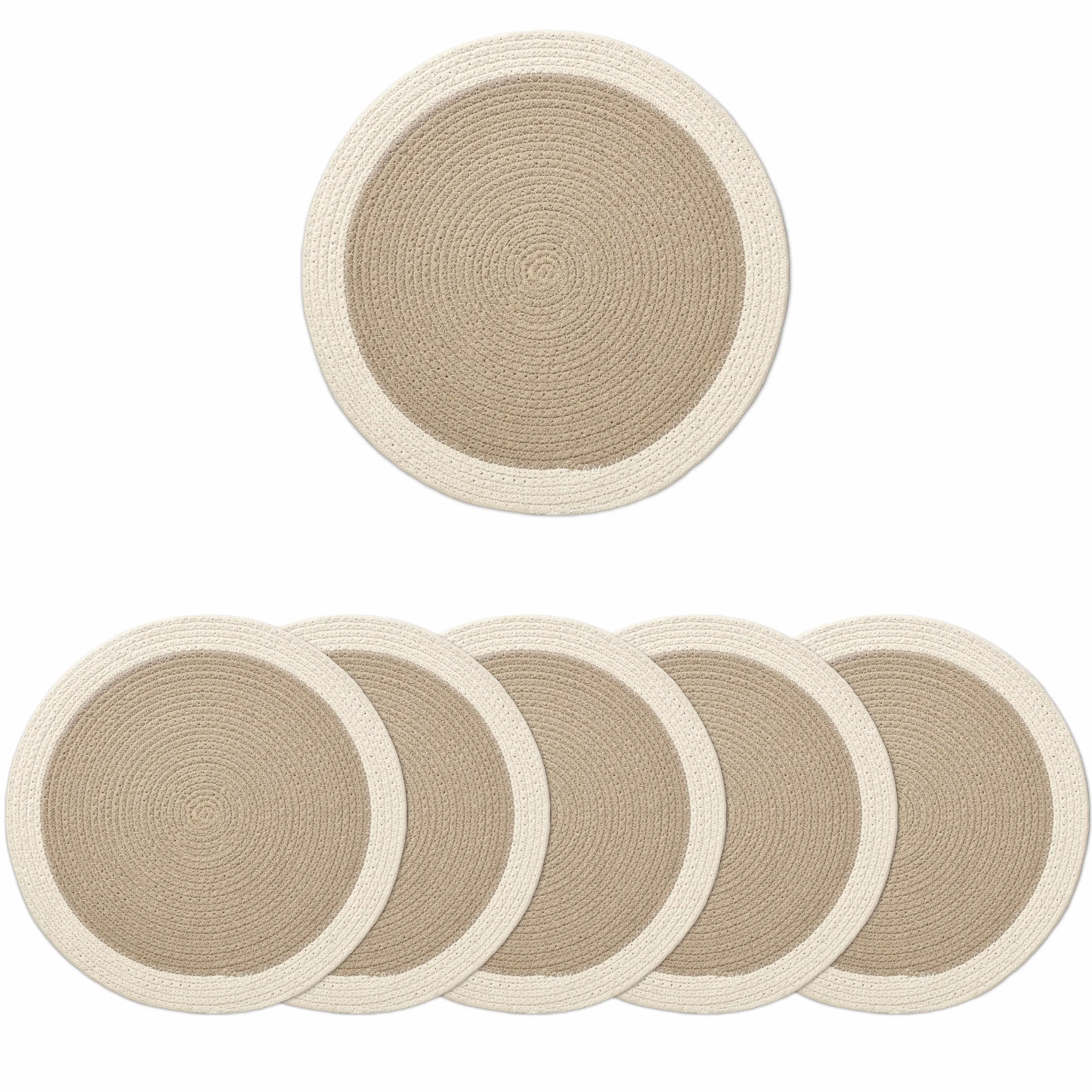 Encasa XO Manteles Individuales Juego de 6 | Manteles Redondos de Algodón - Diámetro de 33 cm | Beige y Blanco Roto | Estilo Acanalado Hecho a Mano